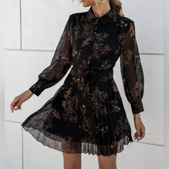 NEW Sheer Floral Print Chiffon Pleated Short Dress Long Sleeve Black - Picture 5 of 7